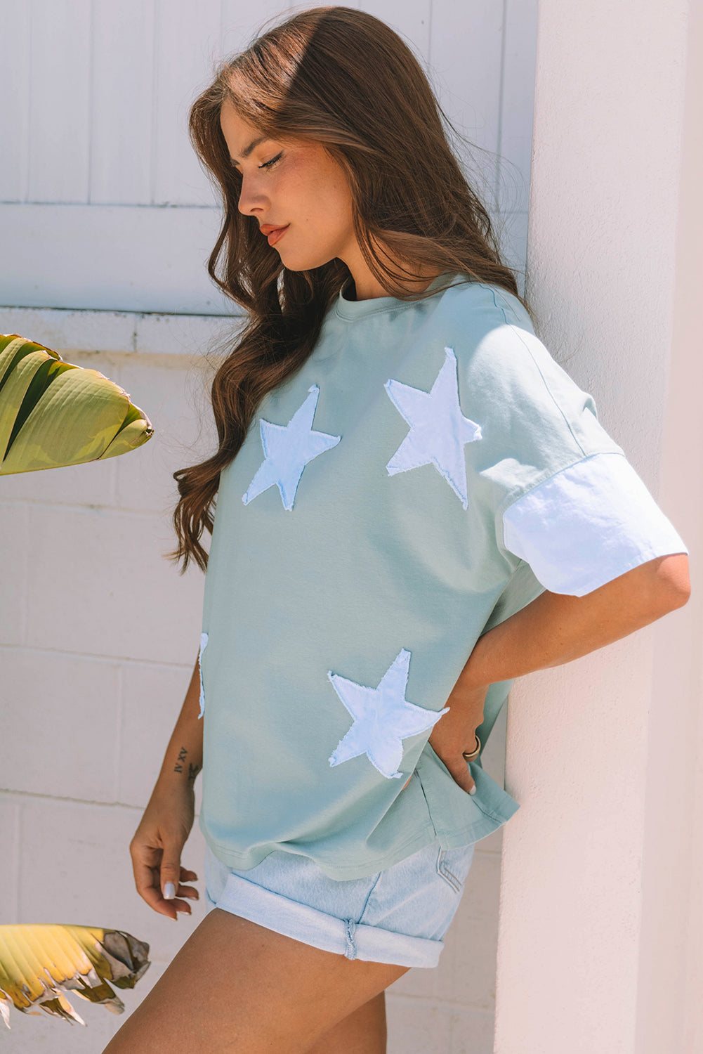 Etta Frayed Denim Star Patched Oversize Top-3