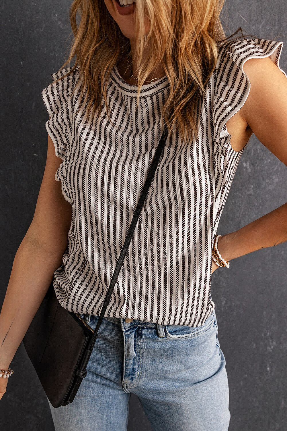 Sofia Crew Neck Ruffled Striped Tank Top-3