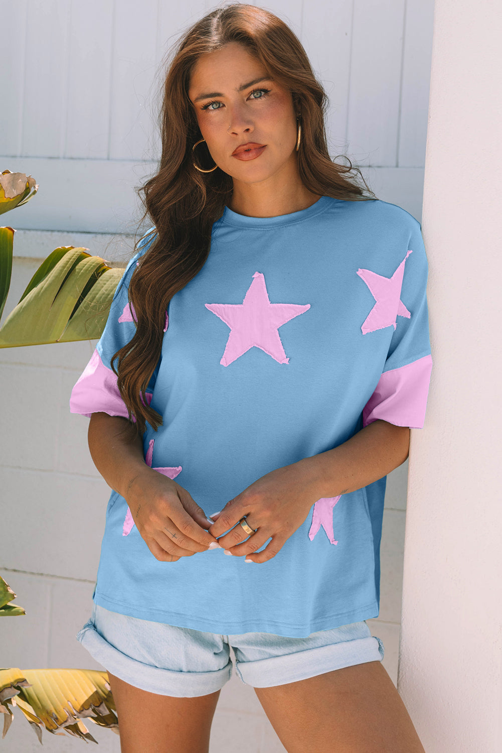Etta Frayed Denim Star Patched Oversize Top-6