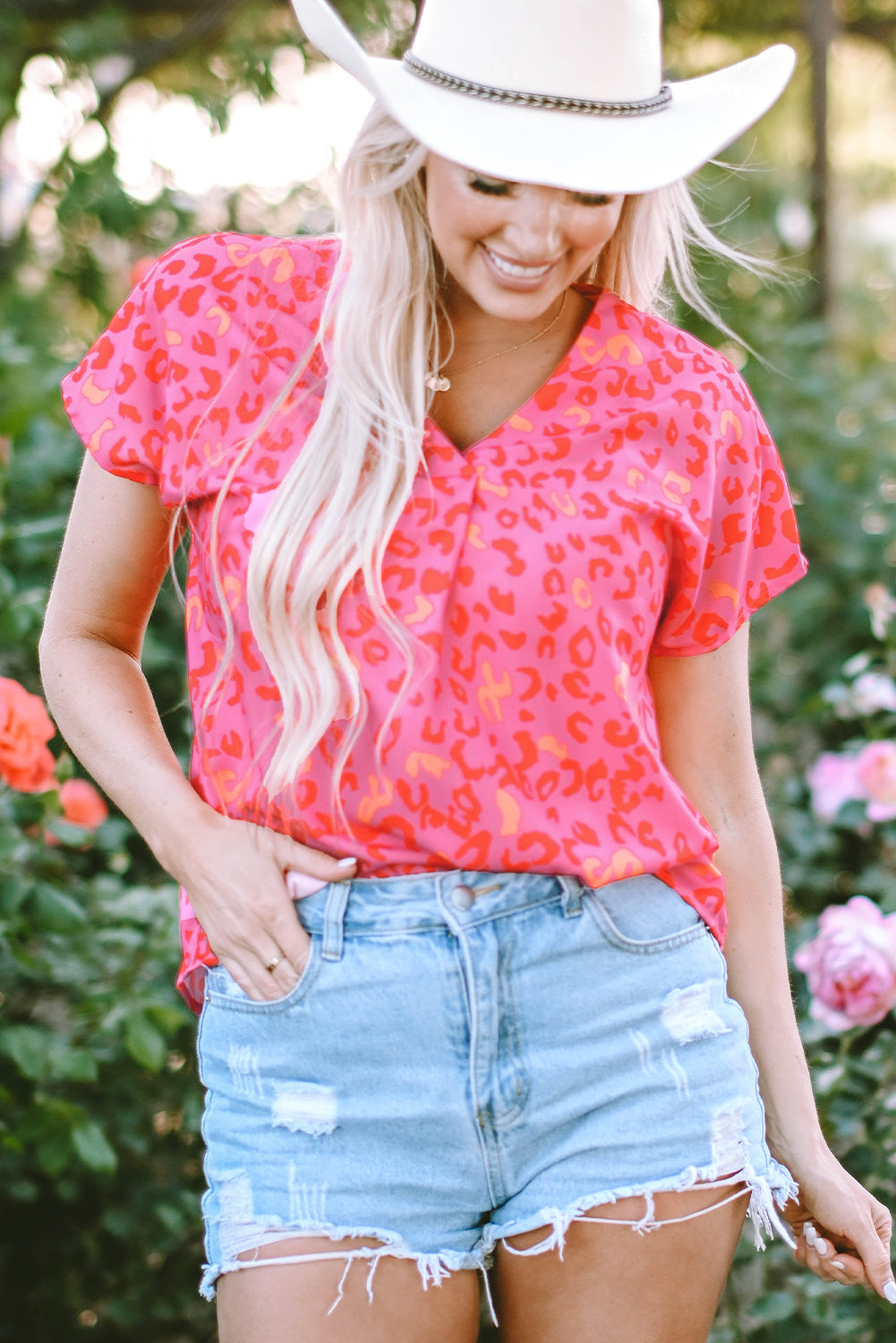 Charley Leopard V Neck Short Sleeve Blouse-3