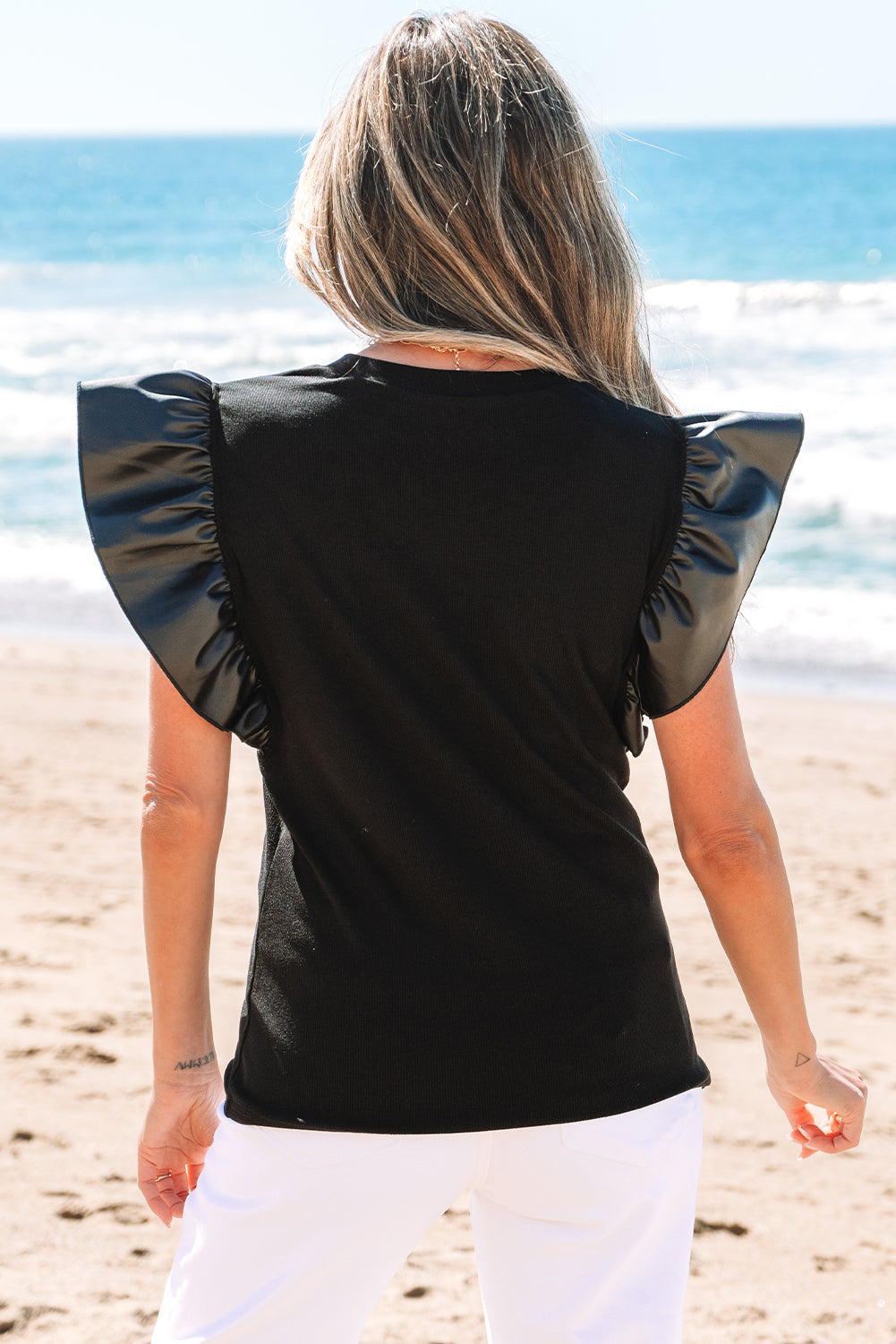 Macy Leather Ruffle Sleeve Blouse-1