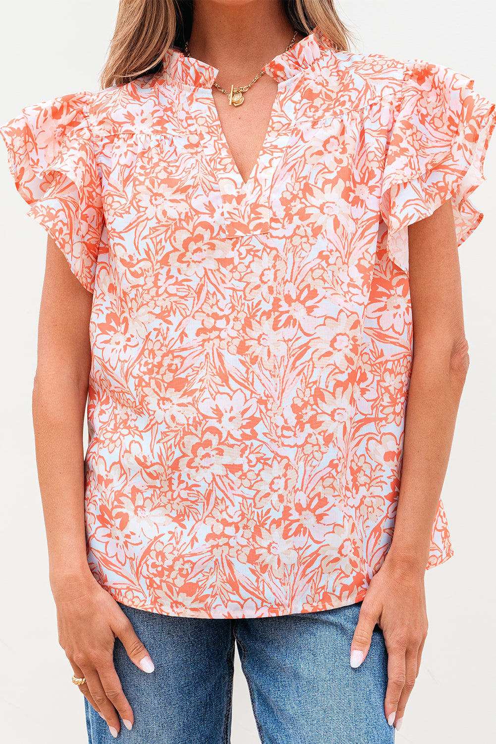 Nancy Floral Ruffle Sleeve Split Neck Blouse-2