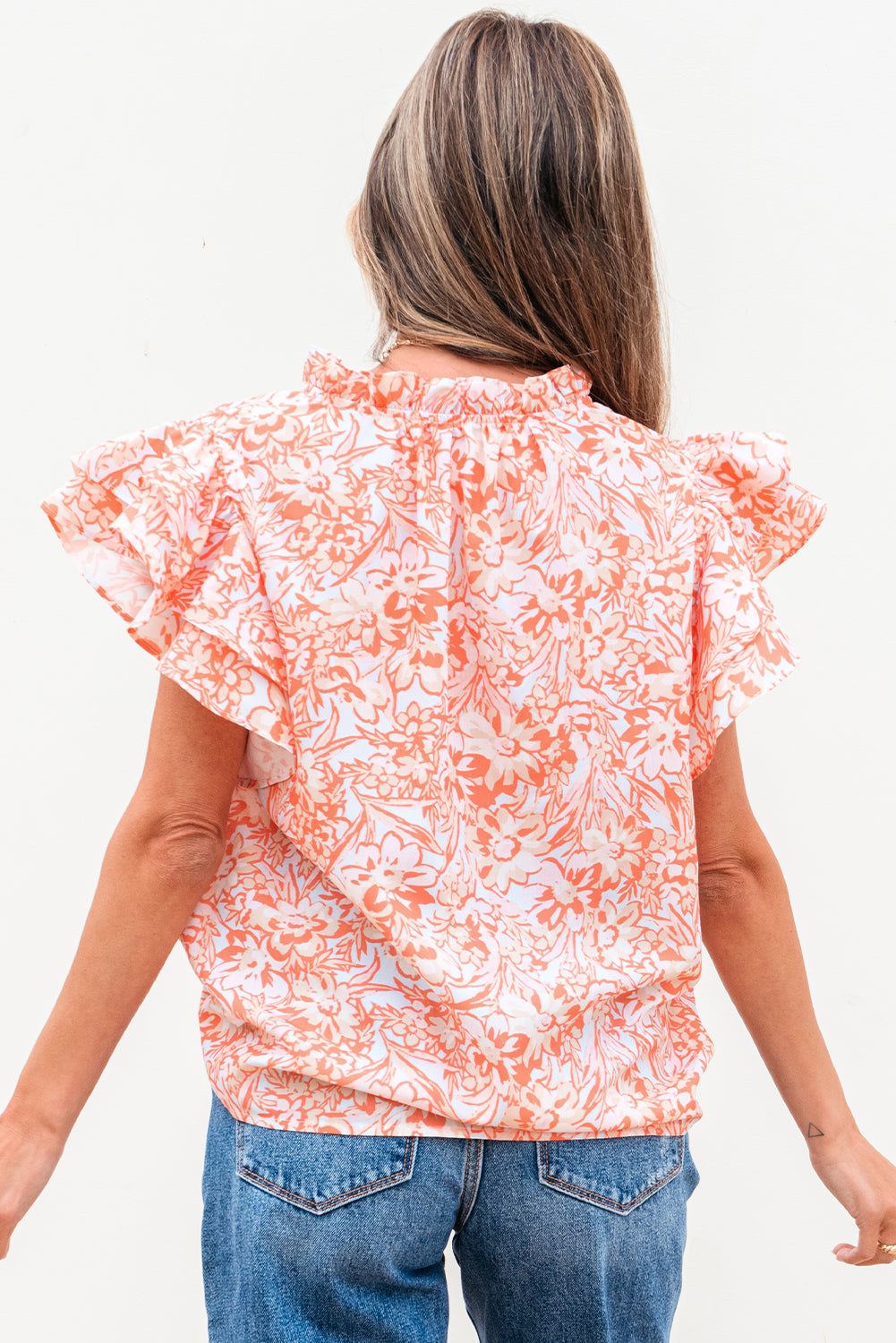 Nancy Floral Ruffle Sleeve Split Neck Blouse-1