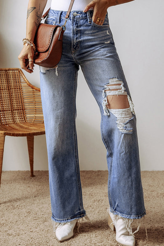 Madilyn Distressed Raw Hem Straight Leg High Waist Jeans-0