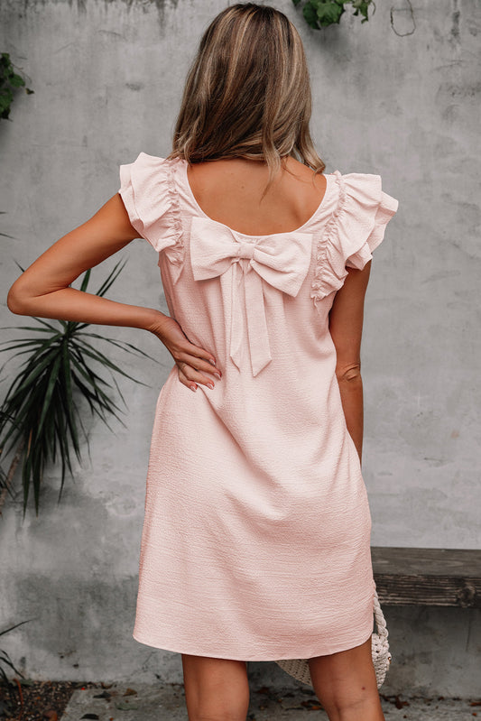 Abigail Textured Flutter Sleeve Bow Back Mini Dress-0