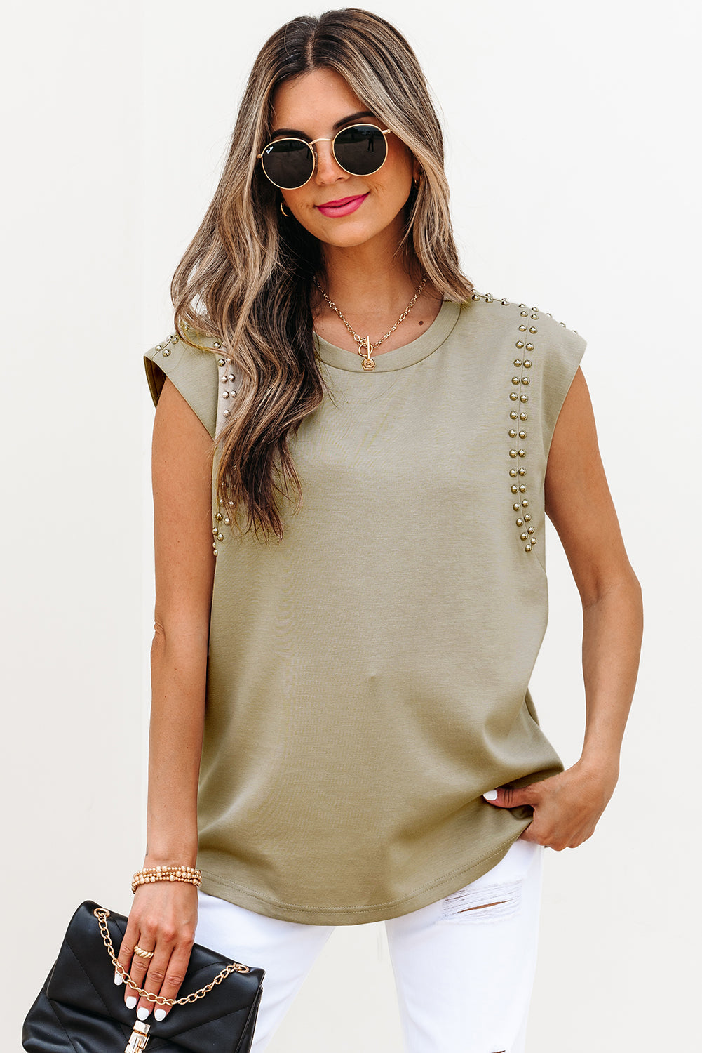 Julietta Studded Cap Sleeve Round Neck Top-3