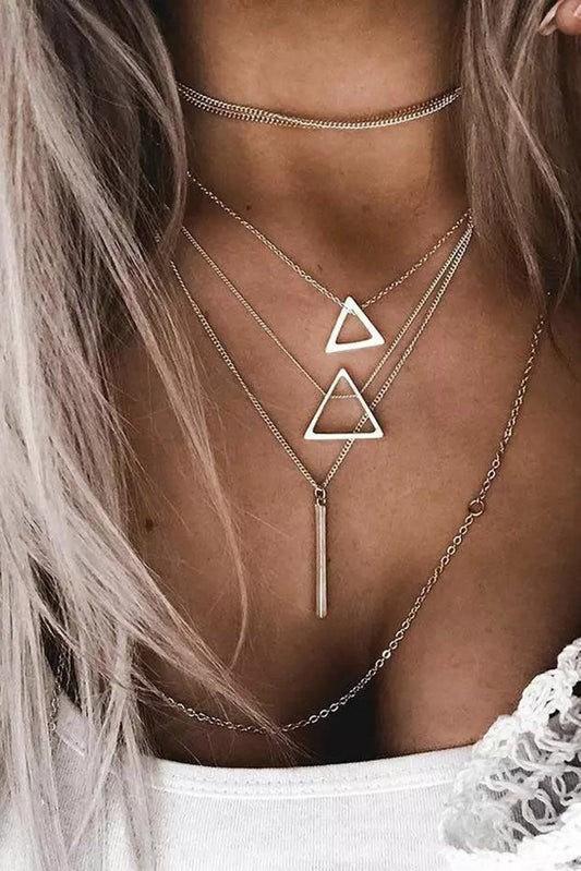 Silver Boho Triangle Bar Pendant Multilayer Necklace-0