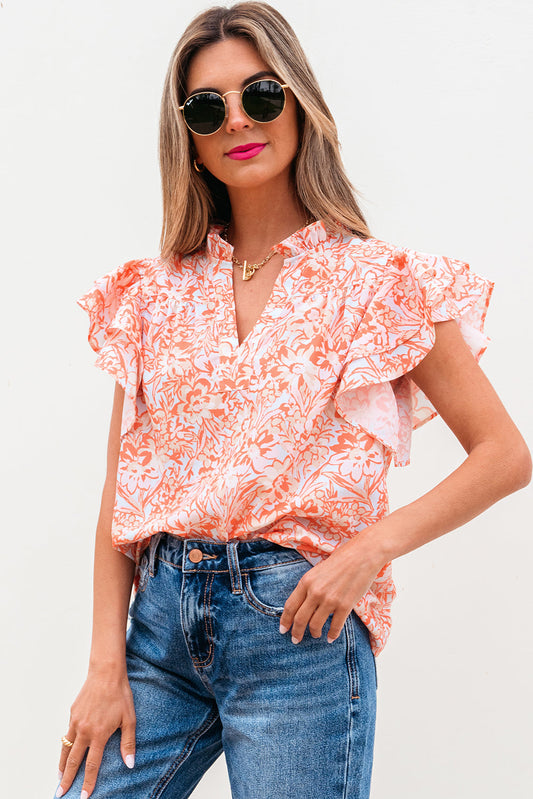 Nancy Floral Ruffle Sleeve Split Neck Blouse-0