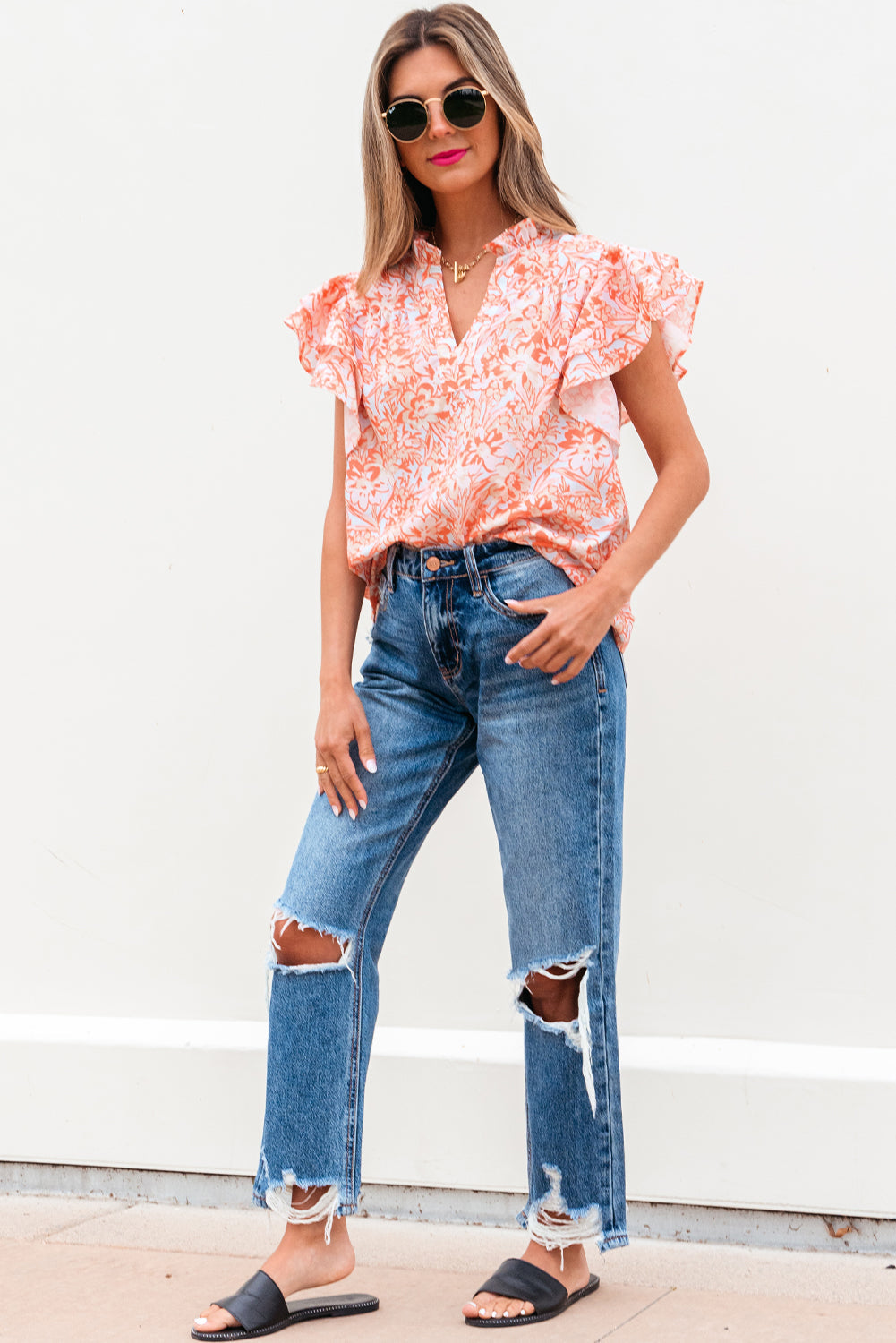 Nancy Floral Ruffle Sleeve Split Neck Blouse-3