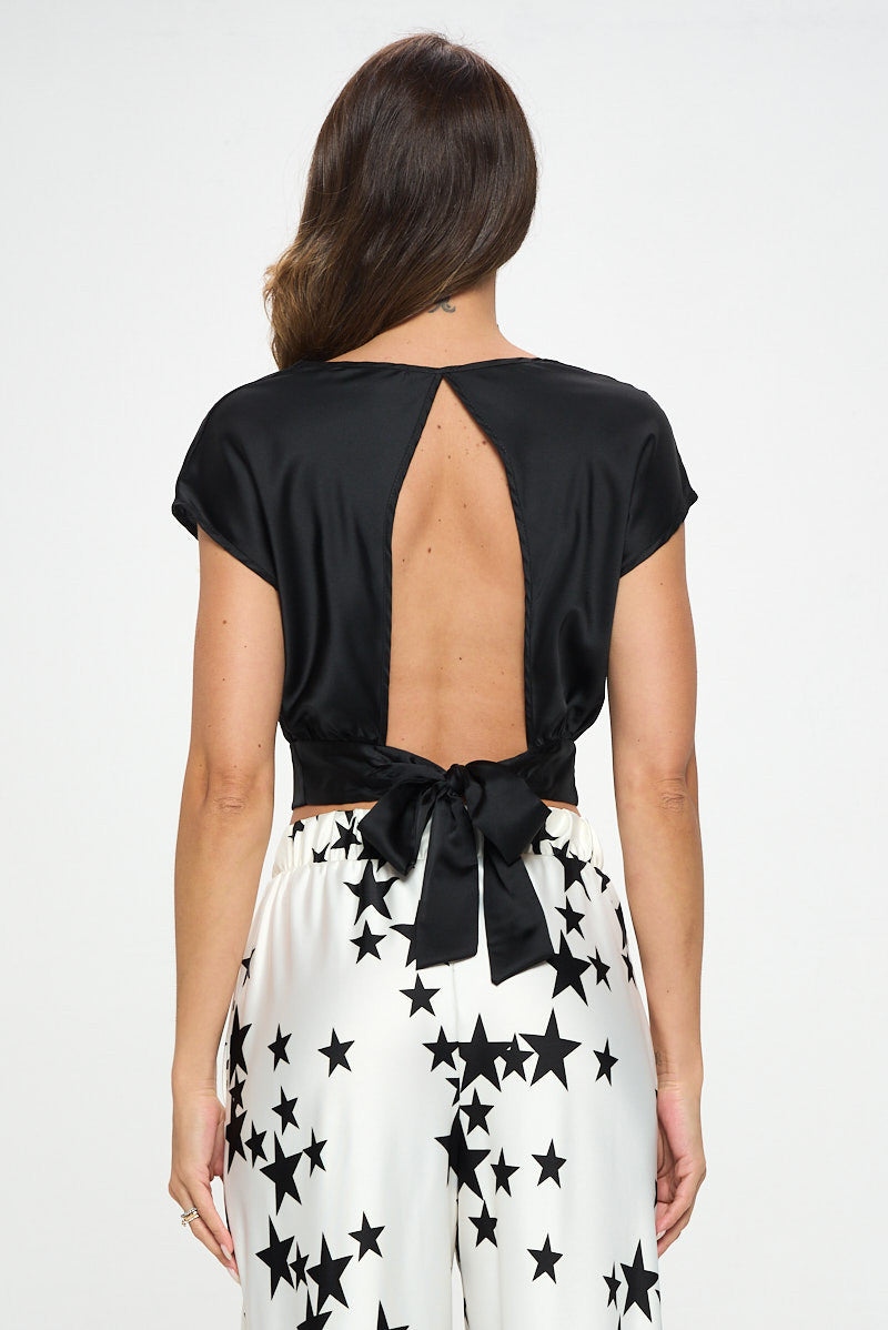 Satin Cowl Neck Short Sleeve Crop Top with Open Back Detail and Tie-4